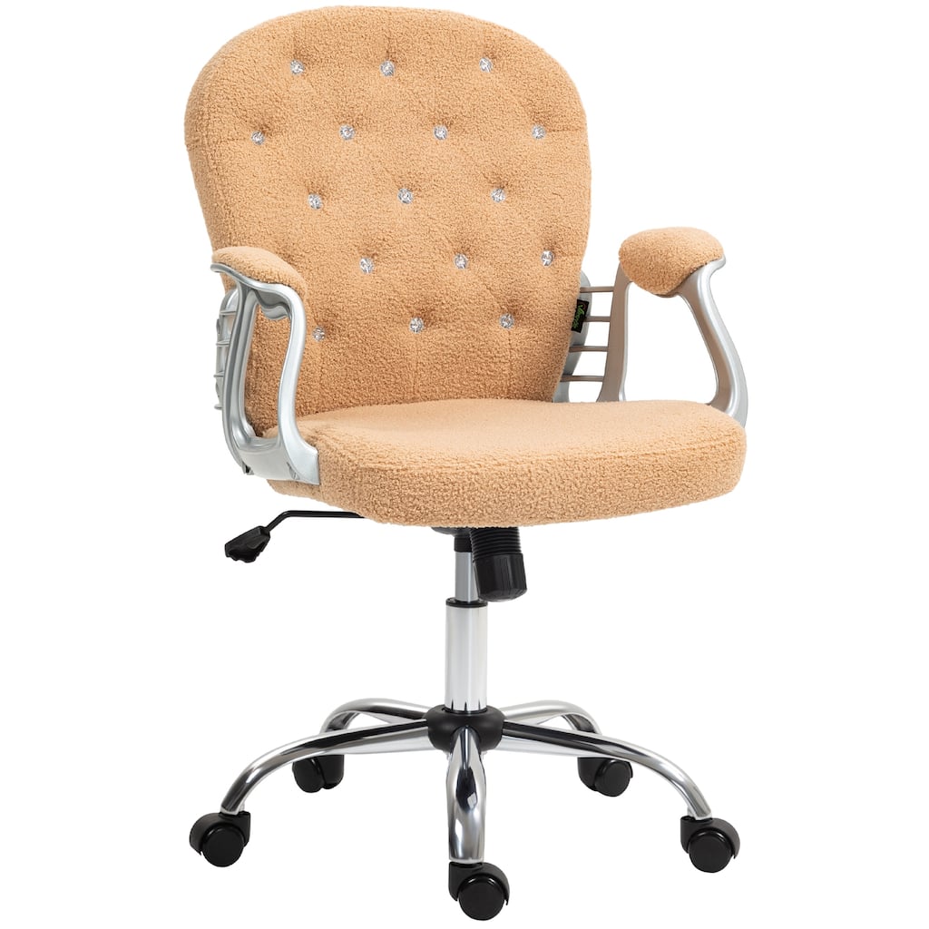 Button Tufted Teddy Fleece Task Chair with Padded Seat, Curved Backrest, and Adjustable Height for Home Use