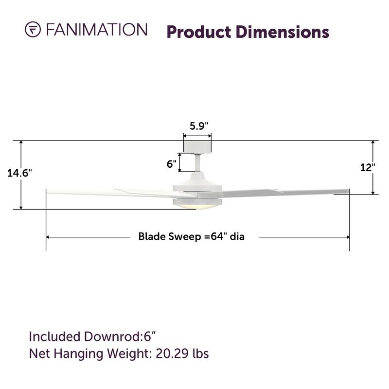 Fanimation Brawn 64 inch Indoor/Outdoor Ceiling Fan with LED CCT Select Light Kit and Remote - Matte White