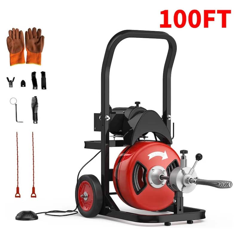 100Ft x 1/2in Auto-Feed Electric Drain Cleaner, 450w Sewer Snake for 2-4 Inch Pipes - Red