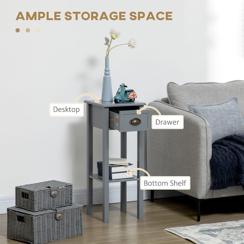 2-Tier Side Table with Drawer, Narrow End Table with Bottom Shelf, for Living Room or Bedroom,