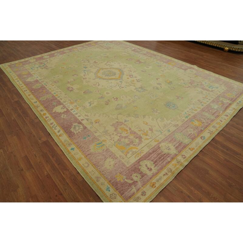 Vegetable Dye Green Oushak Turkish Area Rug, Floral Geometric Carpet - 12' 1'' X 9' 2''