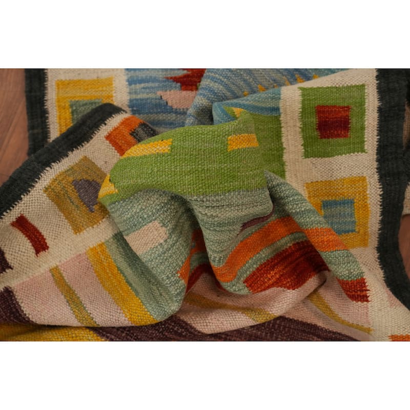 Hand Woven Oriental 100% Wool Carpet Southwestern Geometric Multi-Colored Kilim Runner Rug - 9' 6'' X 2' 8''