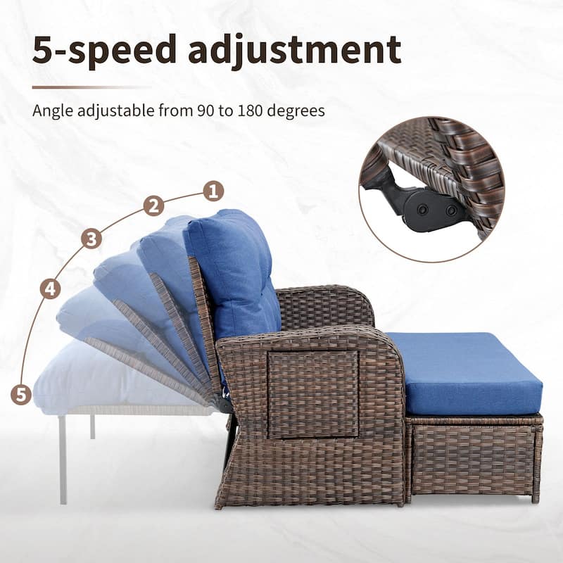 Gymojoy Adjustable Outdoor Wicker Daybed Patio Sofa Bed, 5-Position with Storage Ottoman