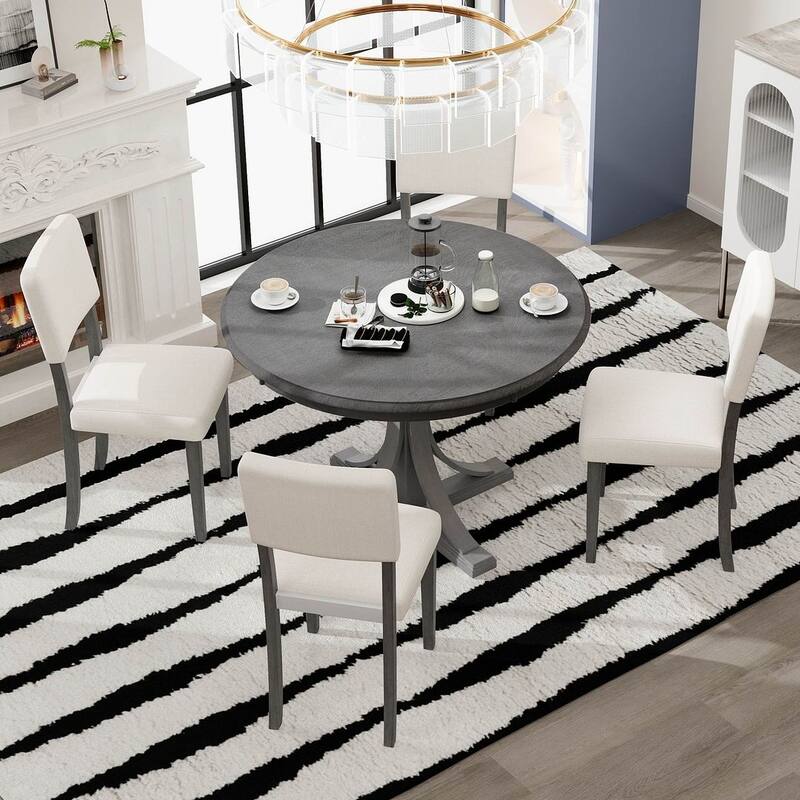 5 PCS Retro Round Dining Table Set for 4 with 4 Upholstered Chairs