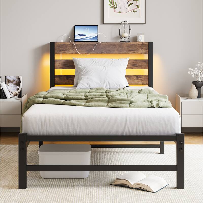 Twin Platform Bed Frame with Headboard, USB Charging & LED Lights, No Box Spring, Noise-Free, Brown