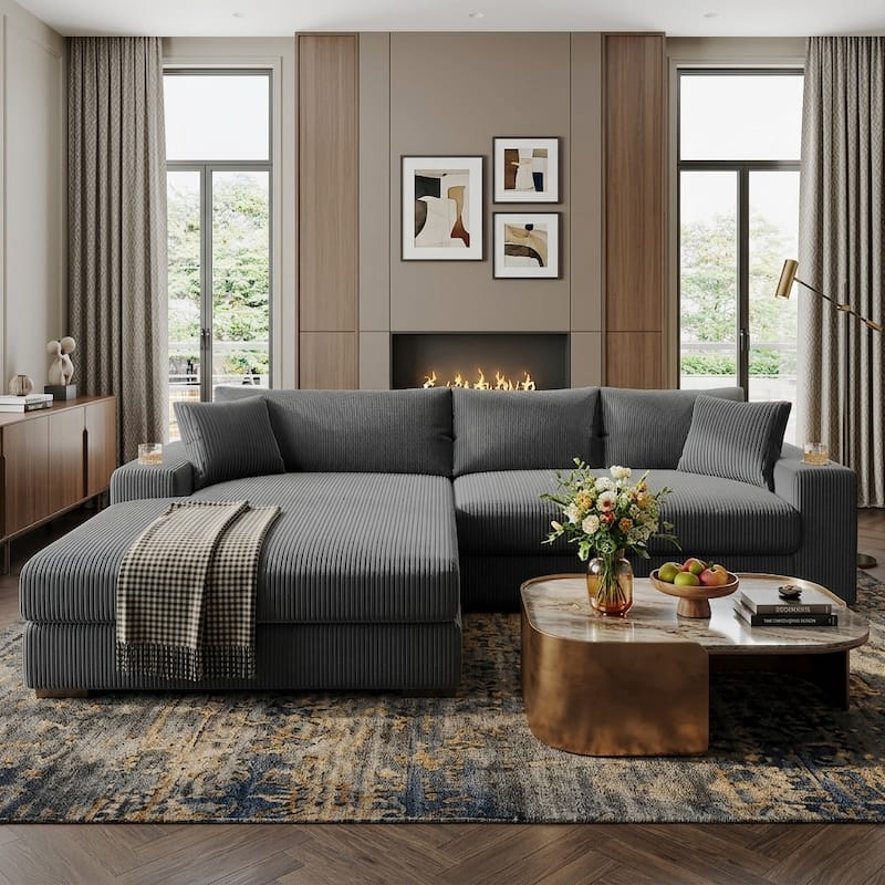 Luxurious Large Sectional Sofa with Thick Cushions, Lounge, Built-in Cup Holders & Charging Ports