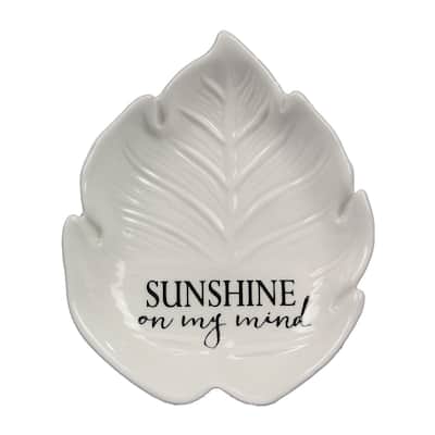 Sunshine On My Mind Shaped Palm Leaf Trinket Dish Embossed White Ceramic
