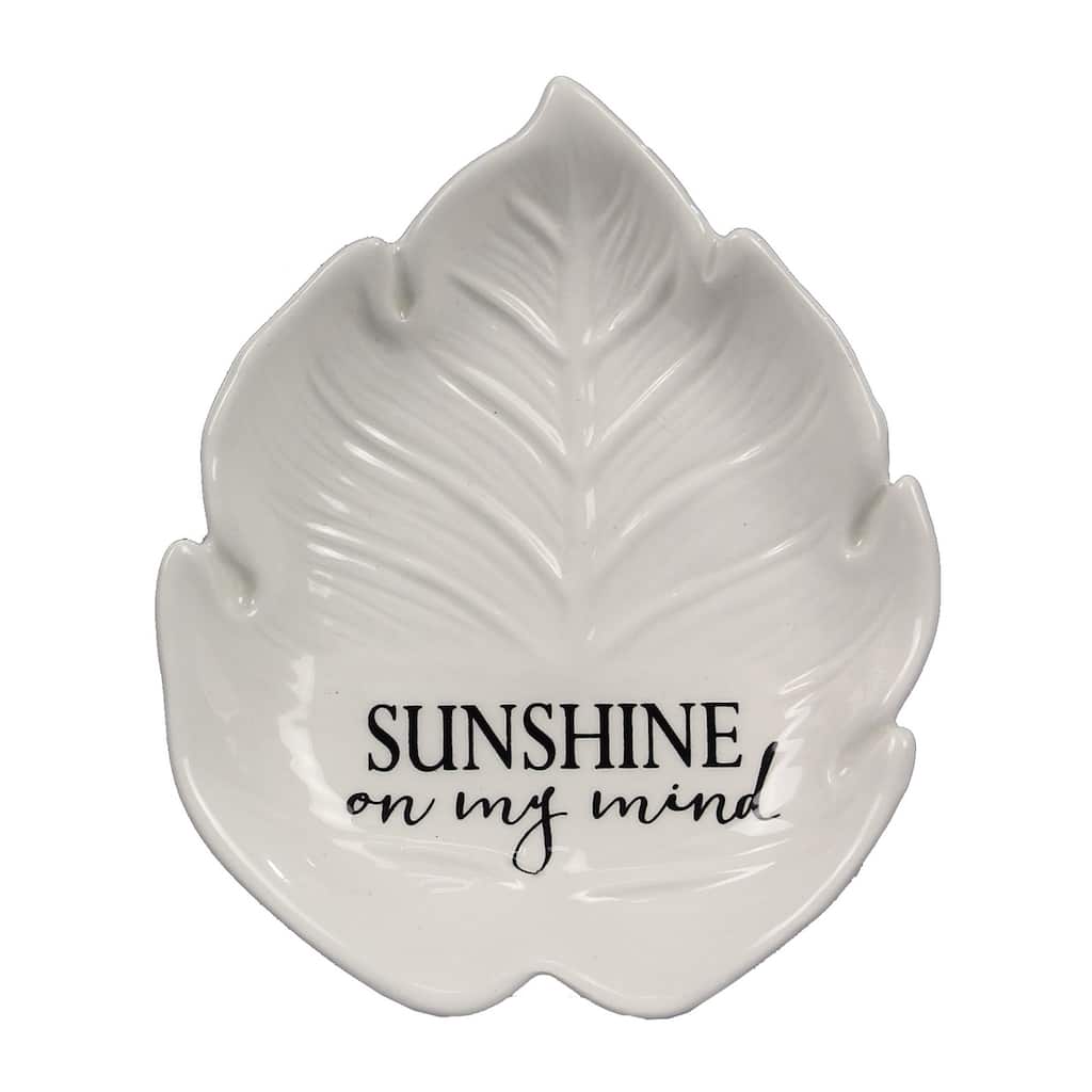 Sunshine On My Mind Shaped Palm Leaf Trinket Dish Embossed White Ceramic