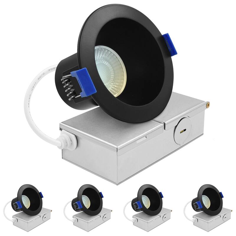 Luxrite 3 in. LED Recessed Ceiling Light J-Box 8W 5CCT 640 Lumens Dimmable Wet Rated Black Trim 4 Pack - Color Temperature Selectable 27K/30K/35K/40K/50K