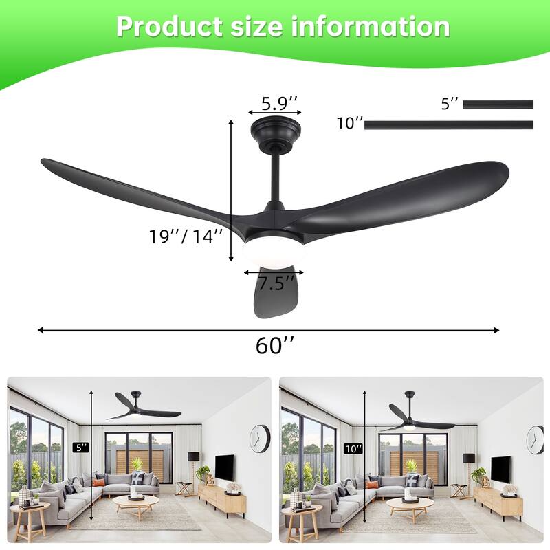 60 Inch Ceiling Fan with Lights, 3 ABS Fan Blades, Quiet Energy Efficient DC Motor, Smart App & Remote Control - 60 Inches