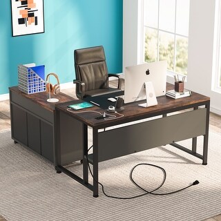 55 inches Executive Office Desk with File Cabinet and Power Outlet l ...