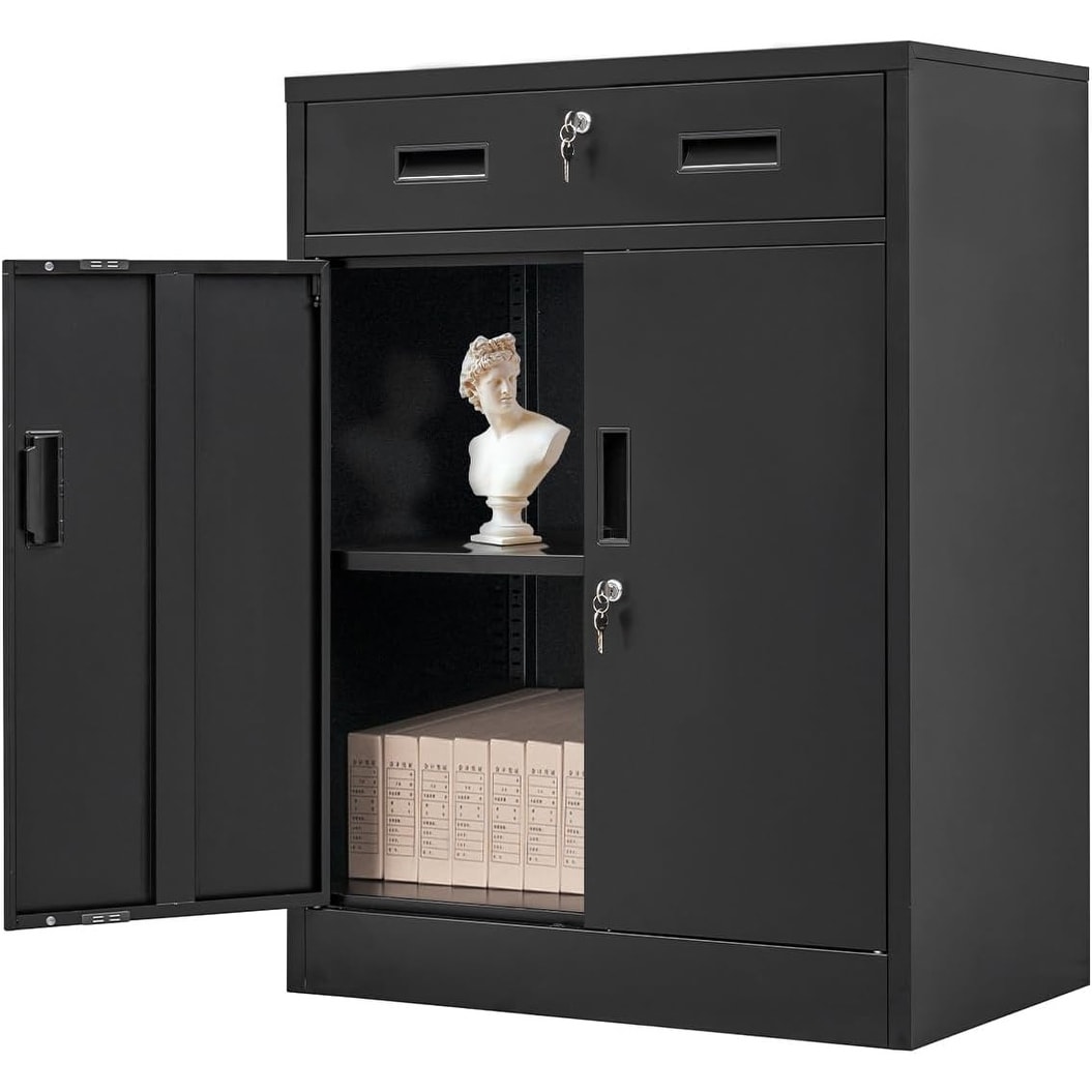 36 Inch Tall Metal Storage Cabinet with Doors, Shelves, and Drawer for Kitchen or Garage
