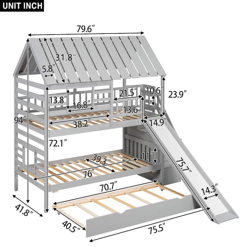 Twin over Twin House Bunk Bed with Trundle & Slide, Storage Staircase