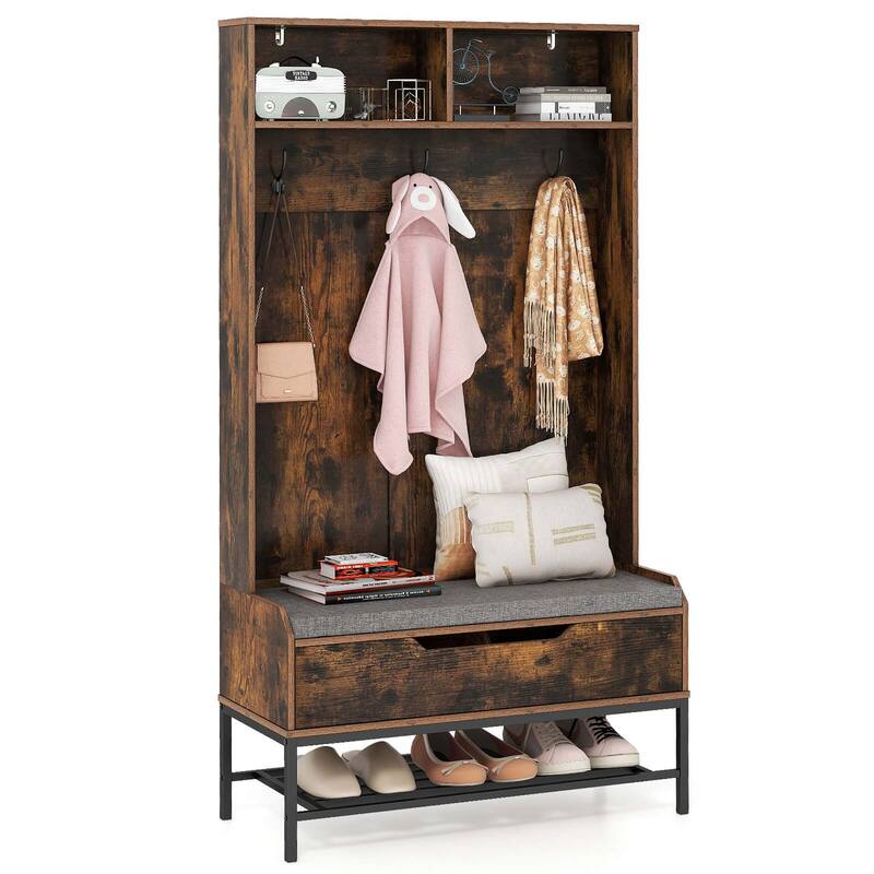 Costway 69" Tall Hall Tree with Seat Cushion Open Compartments Hooks - See Details - Rustic Brown