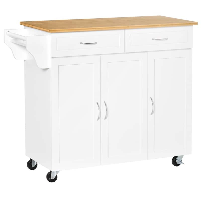 HOMCOM Rolling Kitchen Island Cart with Large Bamboo Countertop, 2 Cabinets with Adjustable Shelves and Wheels, White