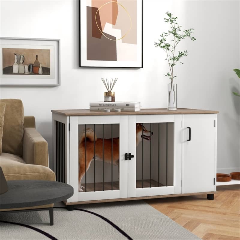Walnut and White Dog Crate Side Table with Double Doors Adjustable Feet and Storage Cabinet