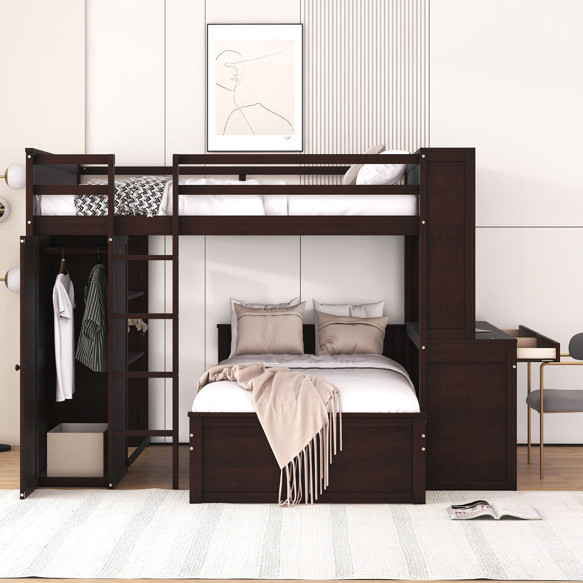 Multi Use Full Size Loft Bed with Twin Size Stand alone Bed Maximized Space L Shaped Bunk Bed with Ladder Desk and Wardrobe