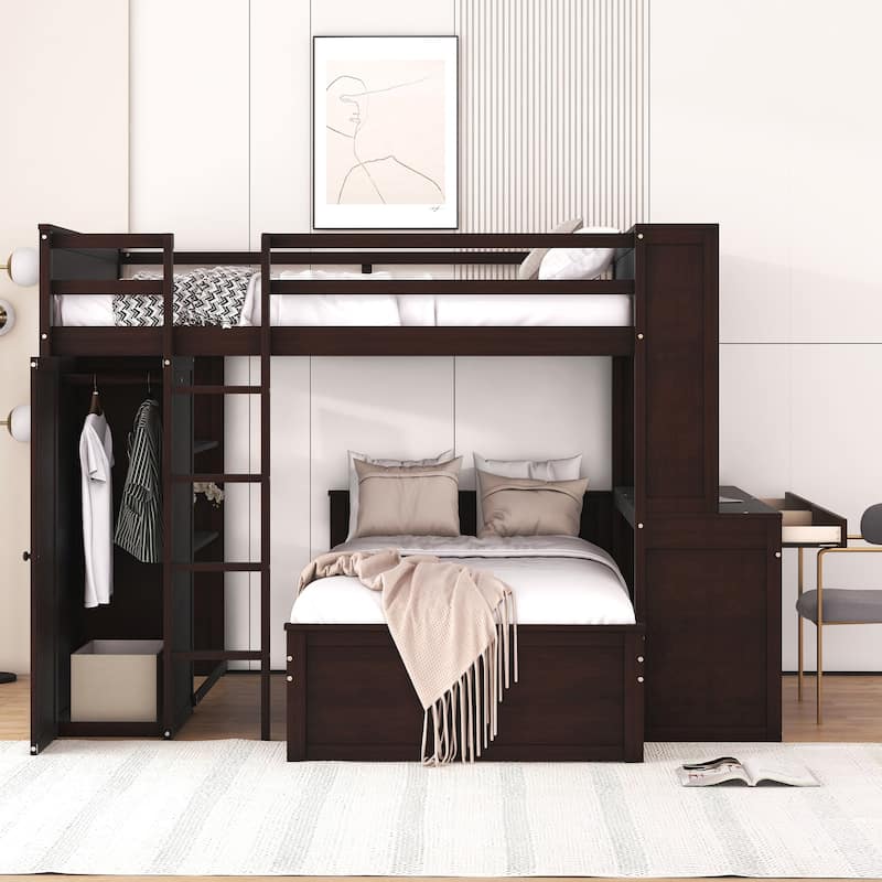 Space-Saving Full Size Loft Bed with Twin Bed, Shelves, Desk, and Wardrobe in Espresso