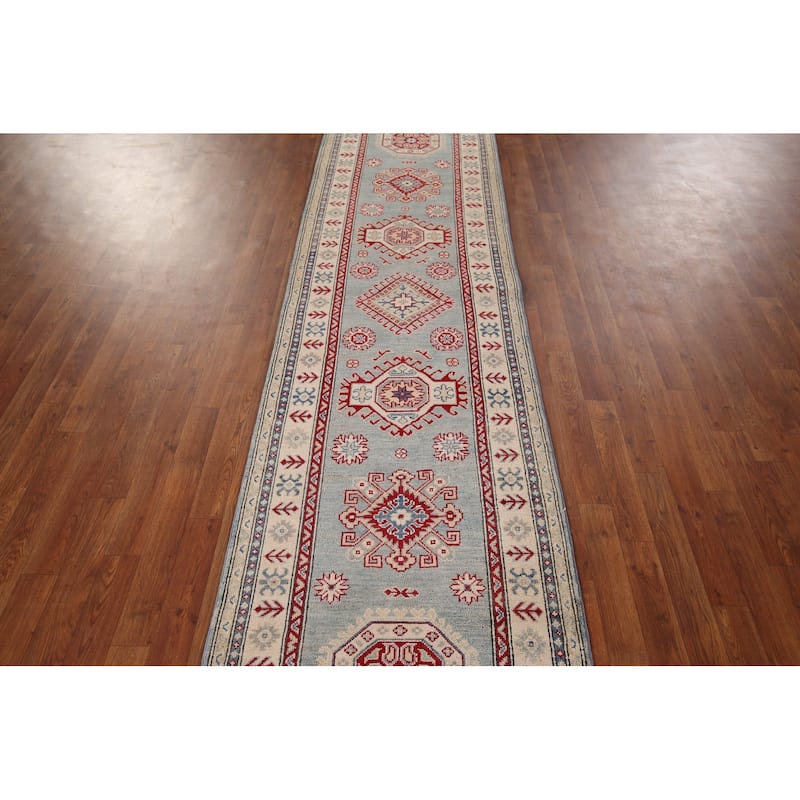 Geometric Kazak Oriental Runner Rug Hand-Knotted Blue Wool Carpet - 2'3" x 13'2"