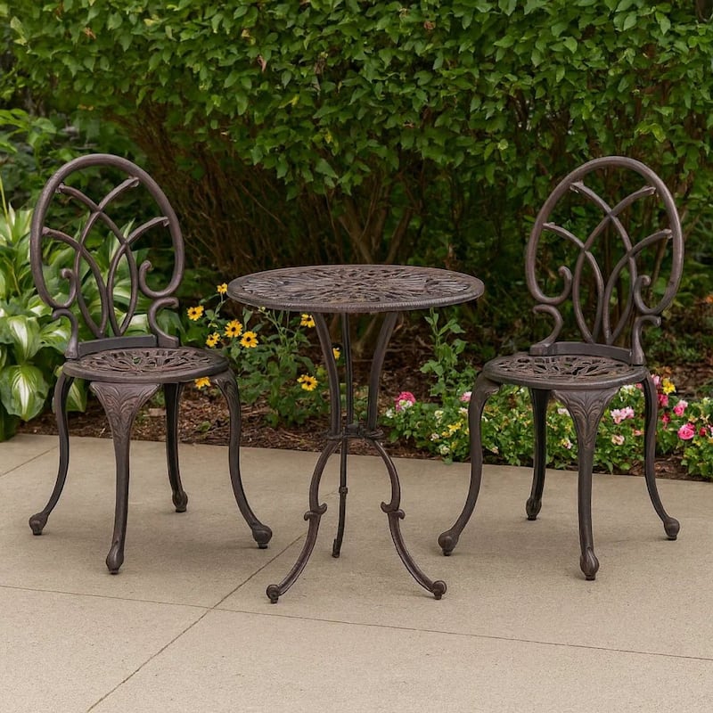 Charlie 3 pcs Bistro Set w Umbrella Hole, Cast Aluminum in Copper