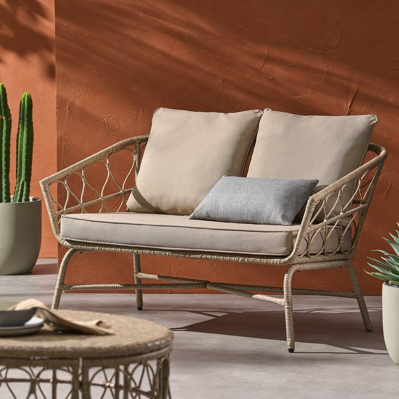 Bruce Outdoor Outdoor Wicker Loveseat with Cushions by Christopher Knight Home - Light Brown/ Beige