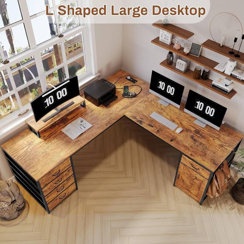 L Shaped Computer Desk 5 fabric Drawers Gaming Desk Storage Shelf