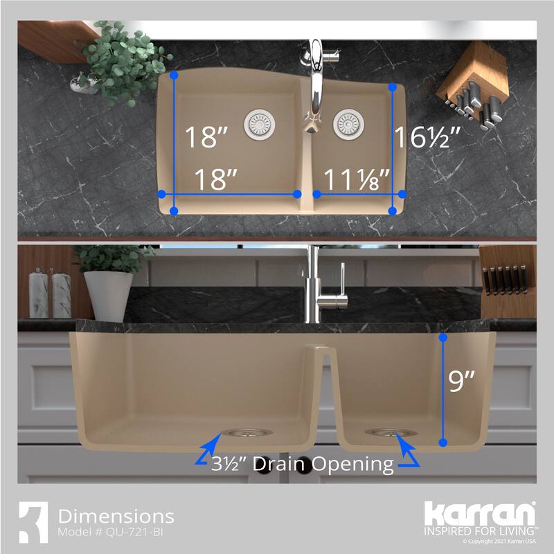 Karran Undermount Quartz 60/40 Double Bowl Kitchen Sink