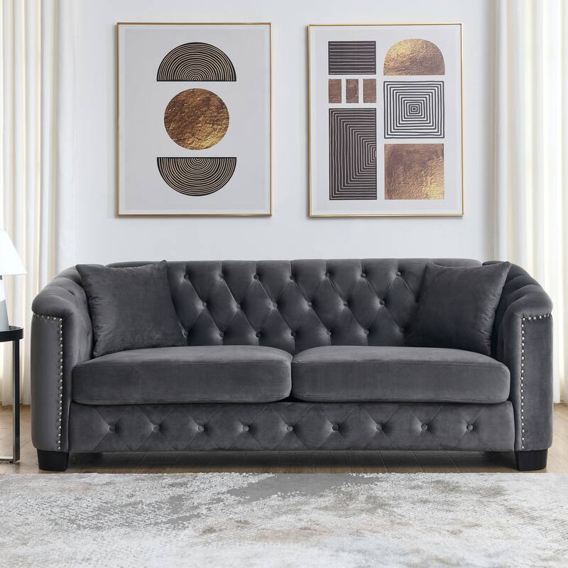 77'' Modern Velvet 3-Seater Sofa with Tufted Backrests, Nailhead Trim, and 2 Pillows