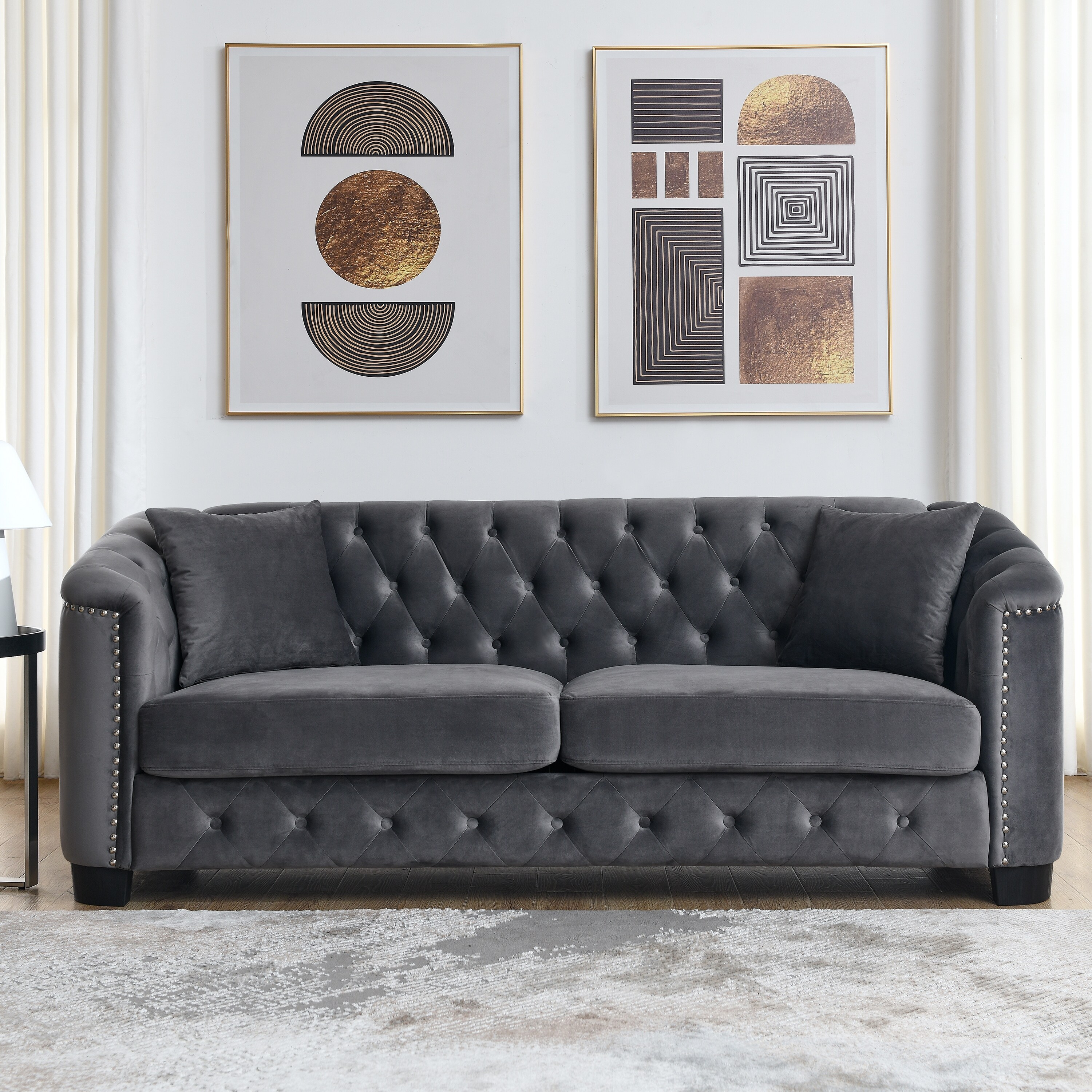 Grey Chesterfield Sleeper Loveseat w/ Nailhead Trim Arms Sofa Bed