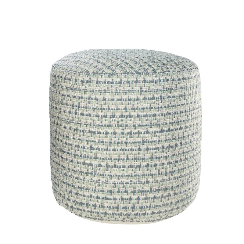 20" Blue and Green Interwoven Coastal Round Outdoor Patio Pouf Ottoman