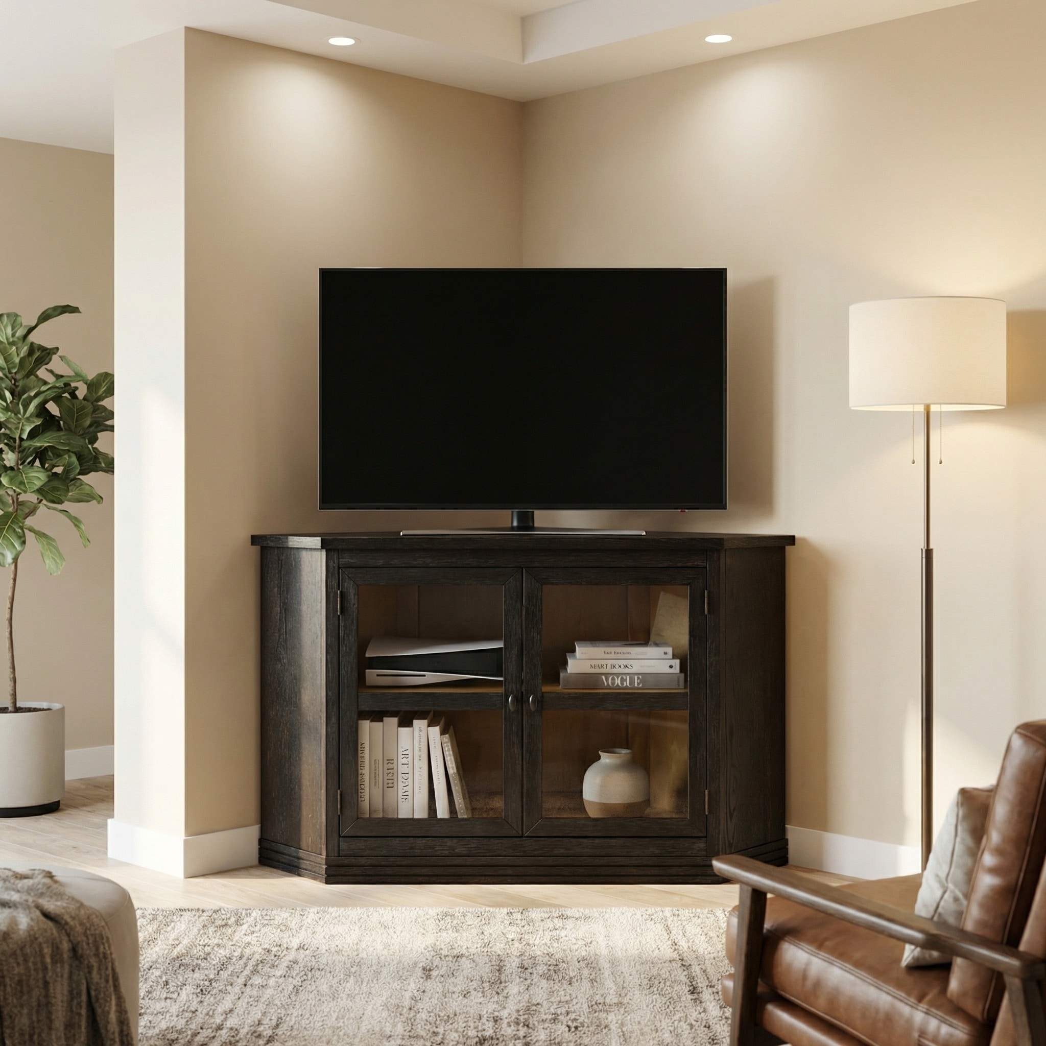 Timber Ridge Wood Corner TV Stand with Glass Doors Fits TVs up to 55"