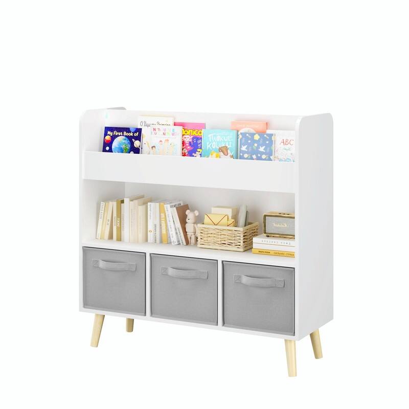 Kids Bookshelf with 3 Fabric Bins - Modern Toddler Bookcase and Toy Storage Organizer