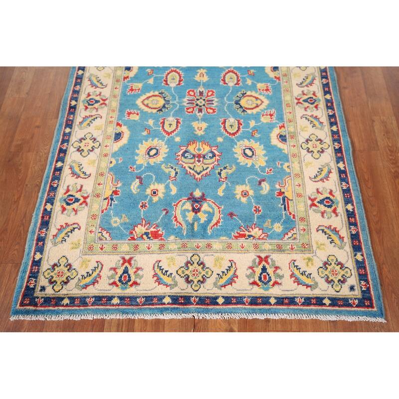 Light Blue Kazak Traditional Accent Rug Hand-Knotted Wool Carpet - 3'5" x 4'11"