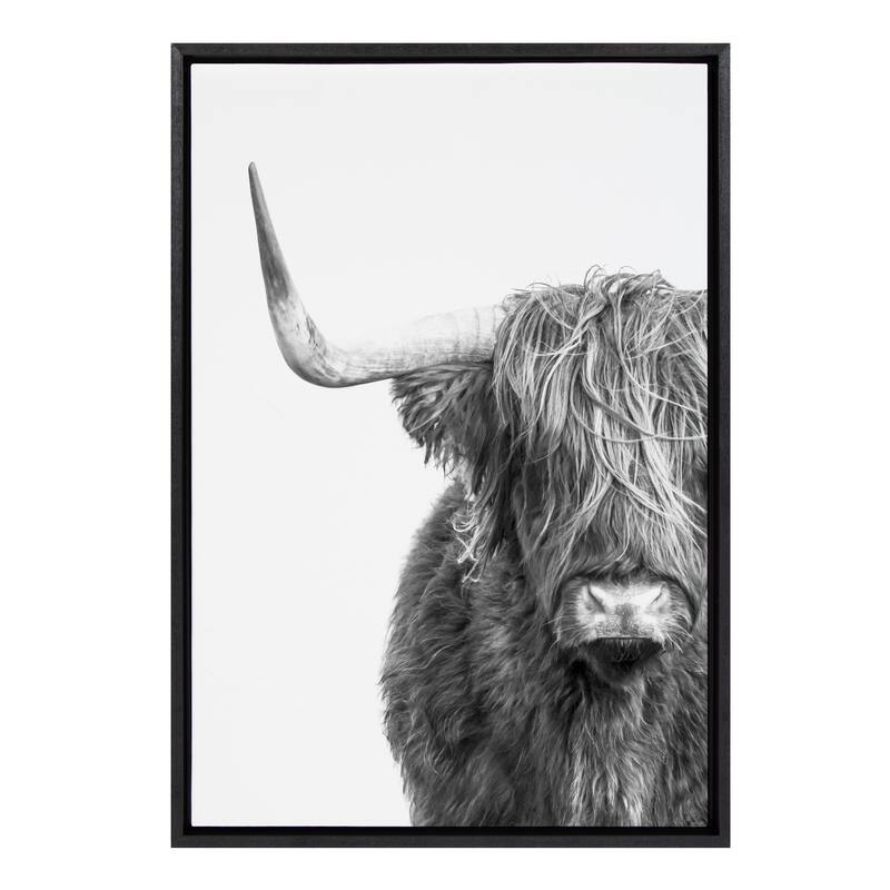 Kate and Laurel Sylvie BW Highland Cow 1 Framed Canvas by Amy Peterson