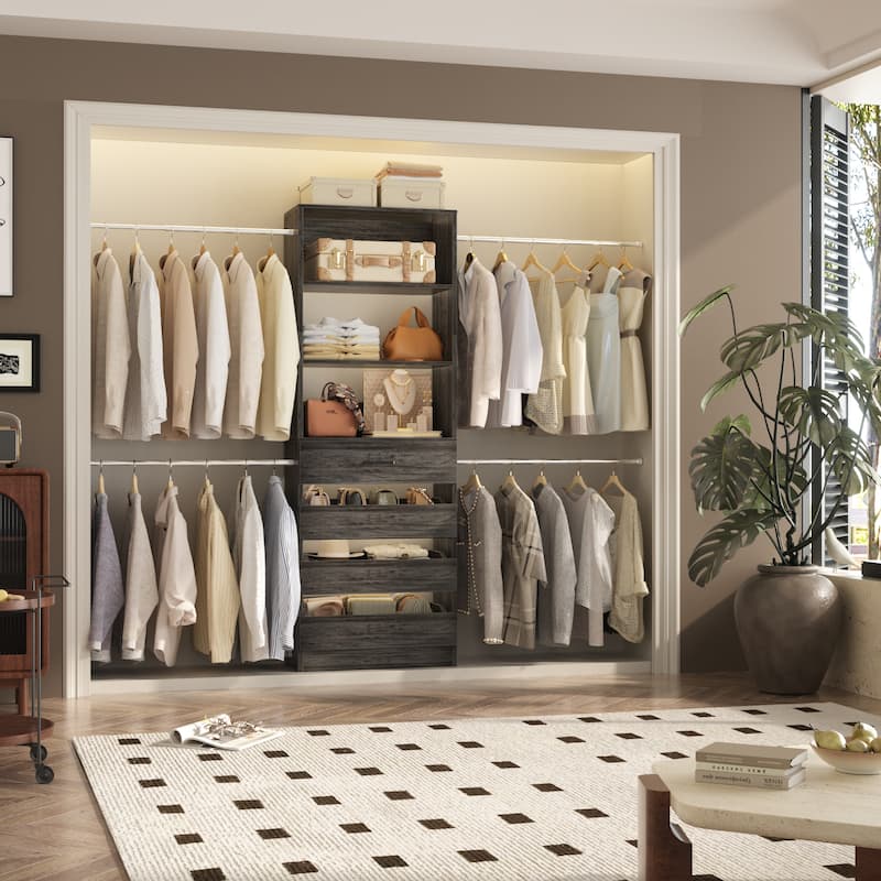 Rackcog 74''-115'' Closet System with 4 Wooden Drawers and 4 Hanging Rods, Sturdy Closet Organizer for Walk-in/Reach-in Closet