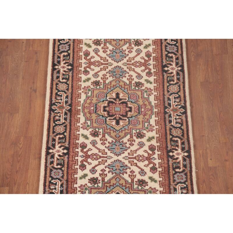 Geometric Beige Heriz Serapi Runner Rug Hand-Knotted Wool Carpet - 2'7"x 7'11"