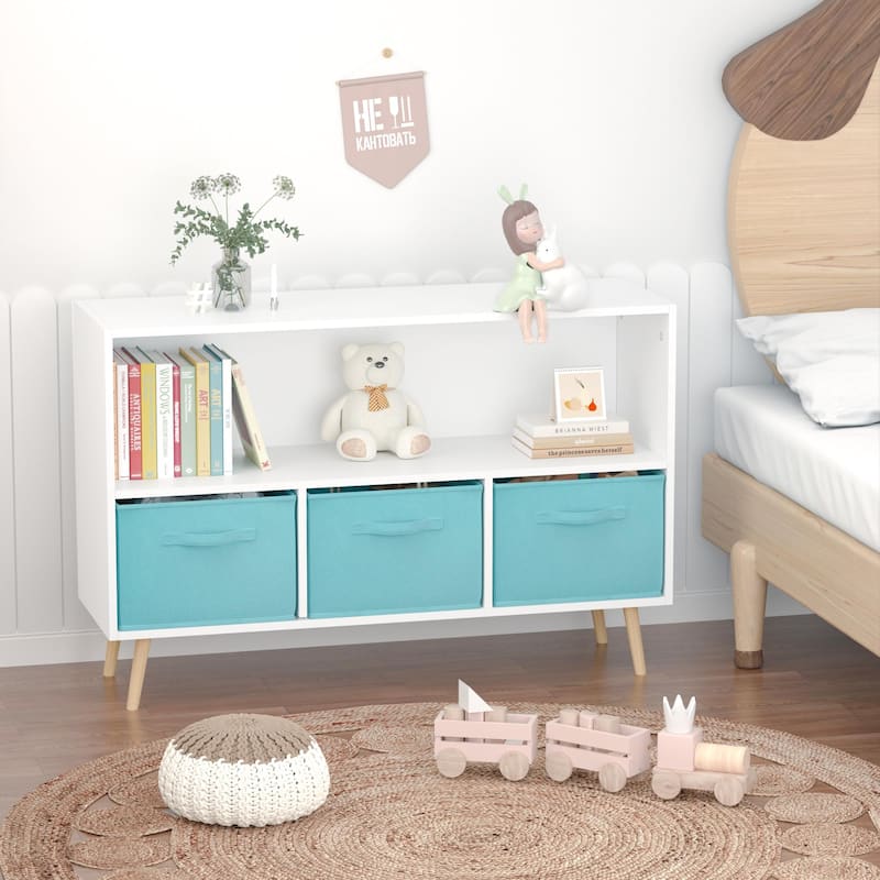 Kids Bookcase with Reading Nook 3 Toy Storage Organizer Drawer Fabric