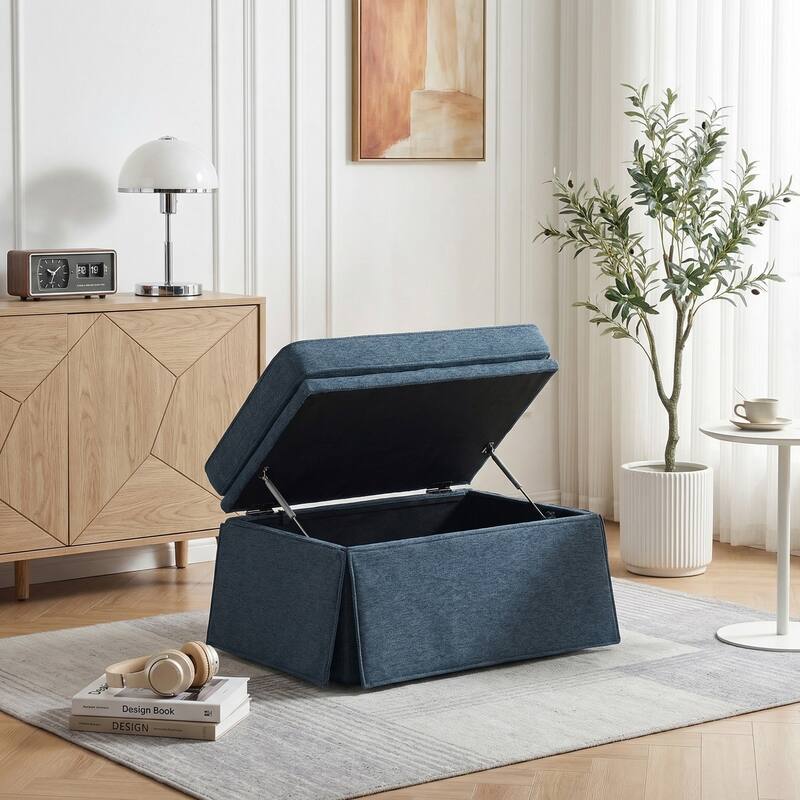 Rectangle Chenille Upholstered Storage Ottoman - Navy
