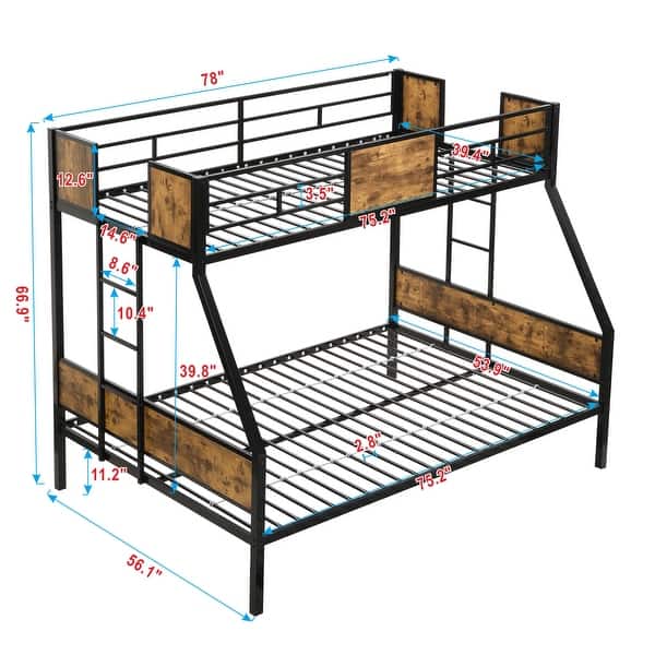 Twin over Full Size Metal Bunk Bed with Side Ladder and Full-Length Guardrail, No Box Spring Needed, Large Under Bed Storage