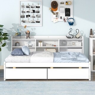 Twin Size Wood All-in-One Storage Bed w/ Side Bookcase, Drawers Upholstered Bed Frame for Kids, Teens,Space-Saving, White