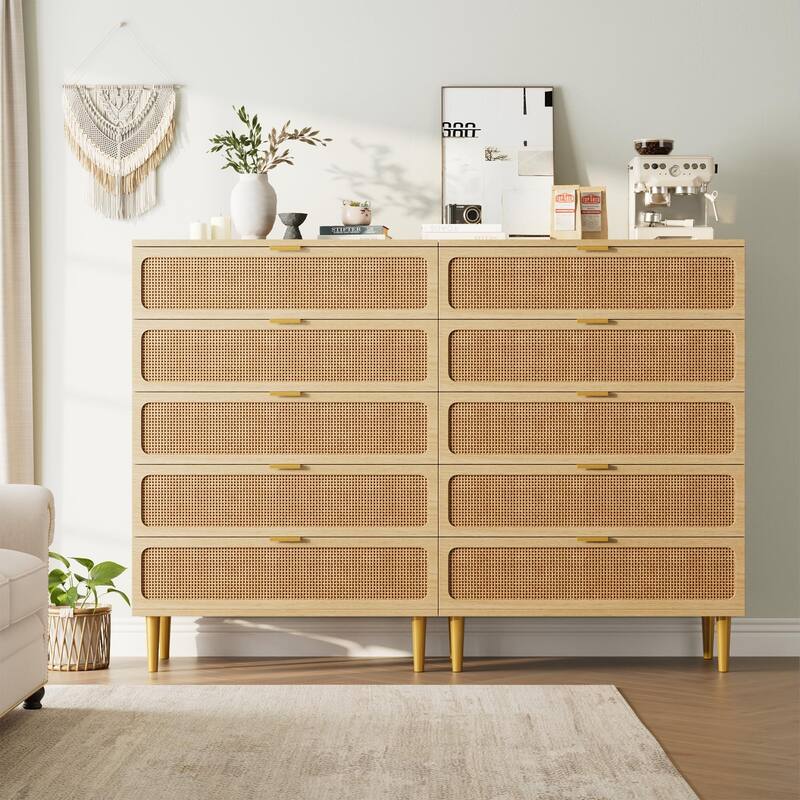 5/6 Drawer Rattan Dresser for Bedroom, Large Freestanding Wooden Chest Storage