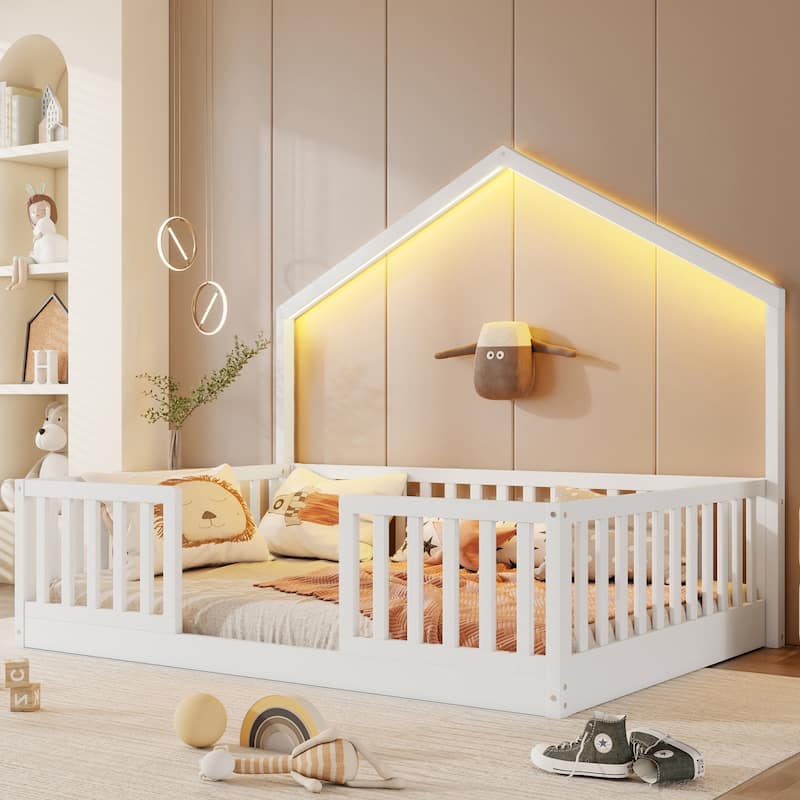 Full Floor Bed with High Rails, Wooden Montessori Bed with Light for Kids, Boys and Girls - White