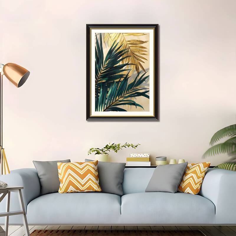 Set of 2 Tropical Palm Leaf Framed Wall Art - Replaceable Canvas Prints with Solid Wood Picture Frames, Modern Botanical