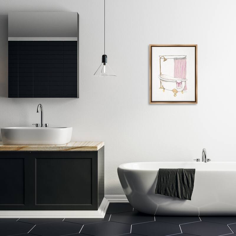 Stupell Simple Bathtub with Bow Framed Floater Canvas Wall Art Design By Janet Tava