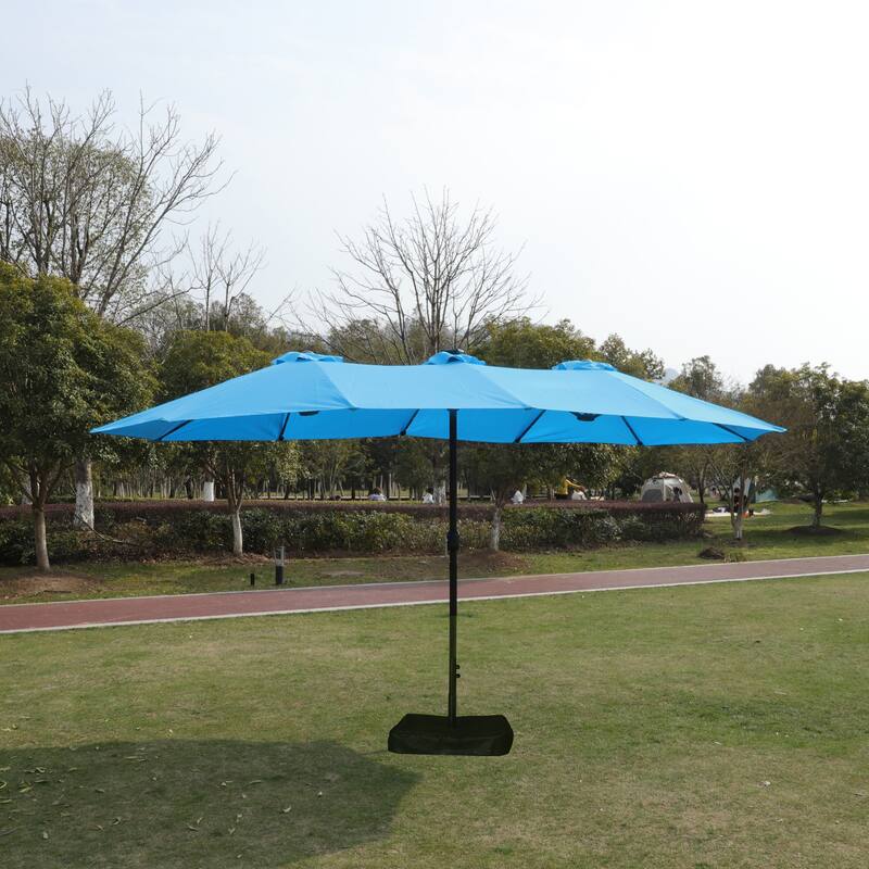 15x9 ft Large Double-Sided Rectangular Outdoor Twin Patio Market Umbrella with light and base- blue