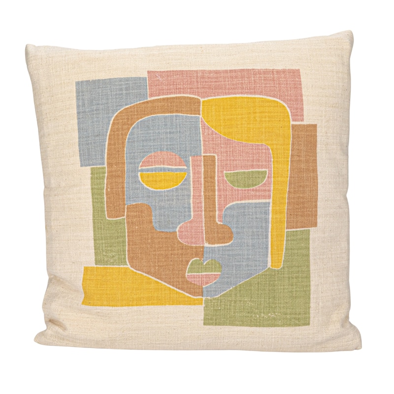 Woven Cotton Slub Printed Pillow with Abstract Face