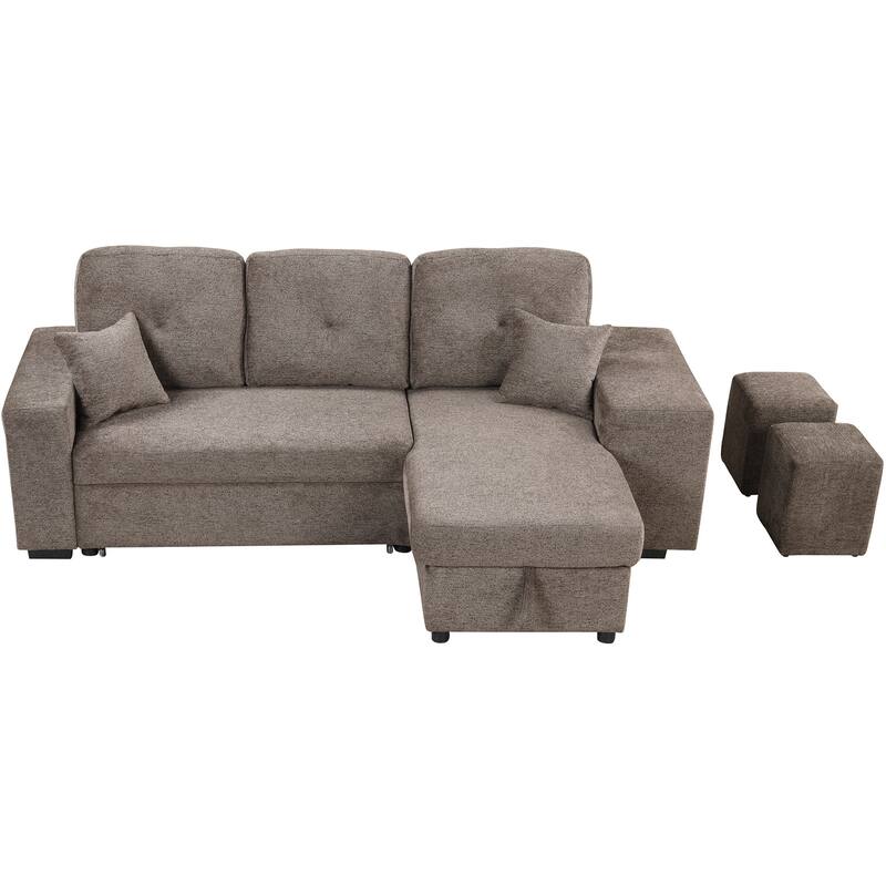 95" Reversible Sleeper Sofa Pull-Out Sofa Bed w/ Side Shelf & 2 Stools, Storage Chaise for Living Room,Knox Charcoal - Knox Charcoal