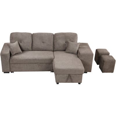 95" Reversible Sleeper Sofa Pull-Out Sofa Bed w/ Side Shelf & 2 Stools, Storage Chaise for Living Room,Knox Charcoal
