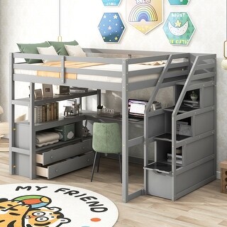 Multifunctional Loft Bed with Desk, Shelving, and Storage, Full Size in Gray