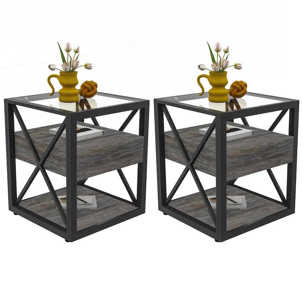Set of 2 Modern End Table with Drawer